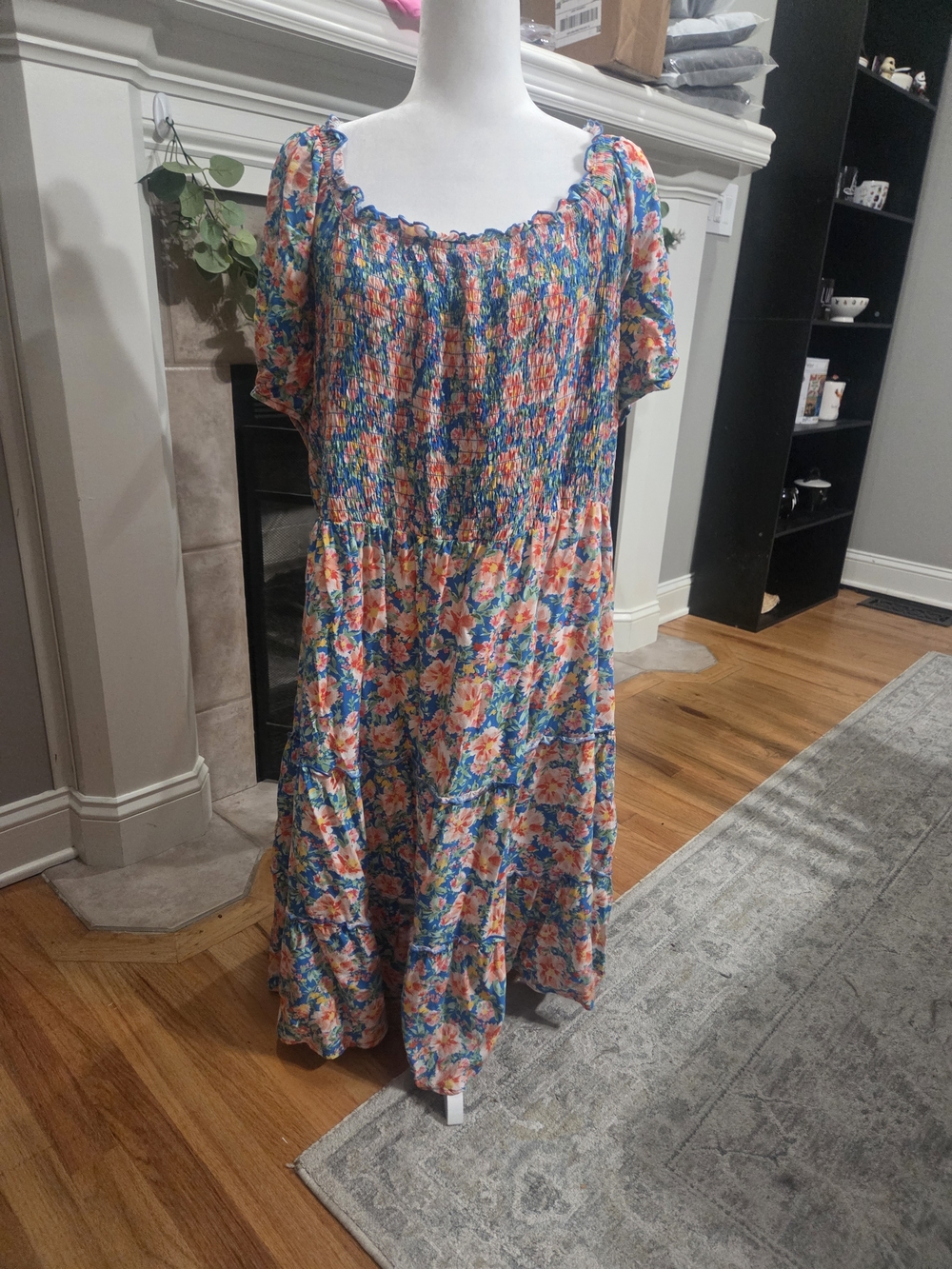 As U Wish Floral Smocked Blue and Pink Midi Dress Plus